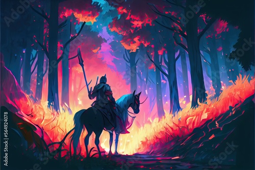 A knight with a spear riding his horse through the forest and fire, fantasy, anime - generative ai  © Infinite Shoreline