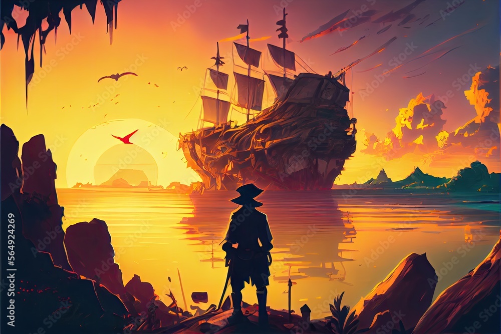 Fototapeta premium A pirate standing and looking at a distant boat, fantasy concept - generative ai