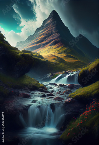 Stunning mountain peak waterfall and lush vegetation and soft fluffly epic clouds.