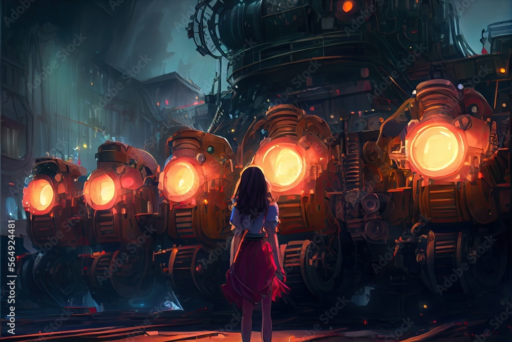 Young girl standing and looking at a pile of engines and robots, anime, fantasy - generative ai