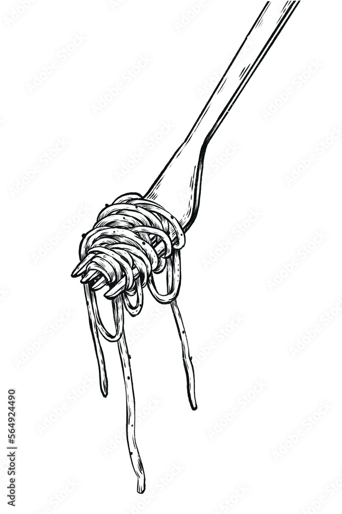 spaghetti on fork black ink drawing StockIllustration Adobe Stock