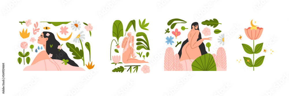 Hand drawn vector abstract modern graphic,clipart illustration of young female character in tropical nature with abstract shapes,leaves,flowers.Modern woman mental health design concept.Female beauty.