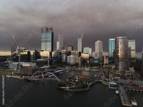 Smokey Perth city skyline at sunset - Western Australia
