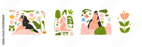 Hand drawn vector abstract modern graphic,clipart illustration of young female character in tropical nature with abstract shapes,leaves,flowers.Modern woman mental health design concept.Female beauty.