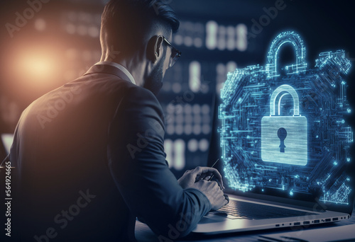 AI-Generated Render of a Businessman Securing a Networked, Encrypted, and Authenticated Data System with Firewall, Malware, and Virus Protection