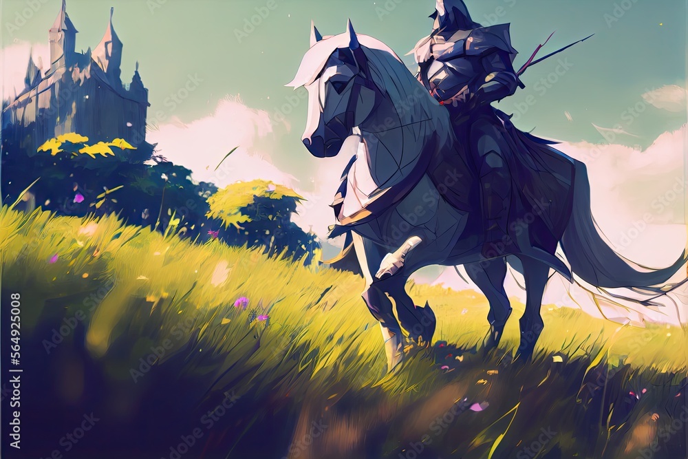 Knight riding a horse running in a meadow on a beautiful spring day ...
