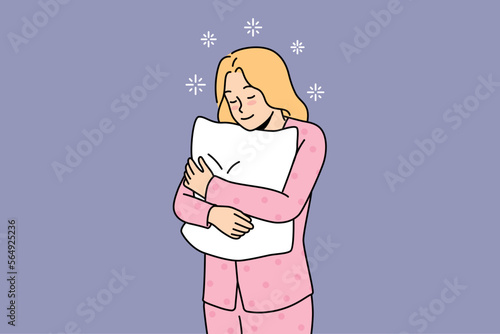 Happy young woman in pyjama feel sleepy holding fluffy pillow in hands. Smiling girl in pink pajama ready for sleep or nap at home. Fatigue and relaxation. Vector illustration. 