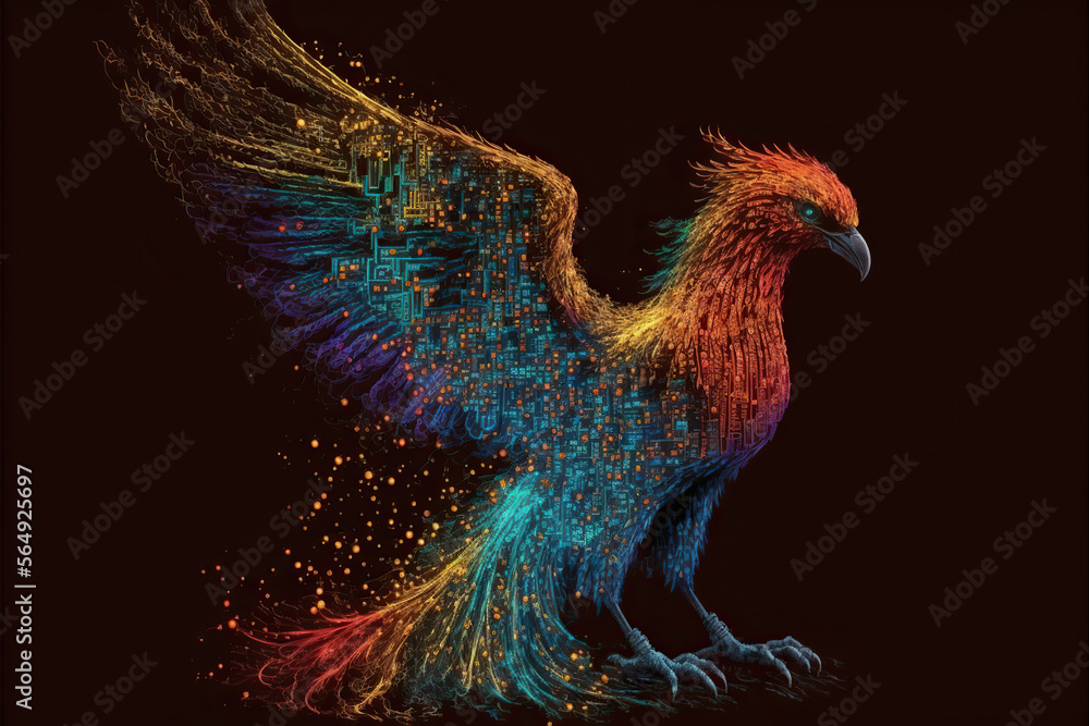 digital phoenix, mythical creature, circuit board computer, Generative AI