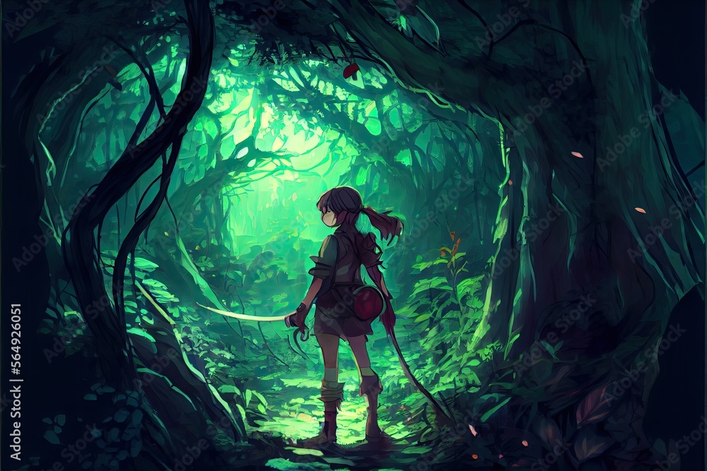 Young hunter woman in the forest, ainme, fantasy - generative ai