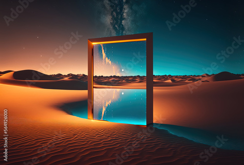 A surreal night desert landscape. Abstract sand dunes reflected in a square mirror. Yellow neon light, starry sky. A gateway to a parallel world. An immersive reality. 3D rendering. AI generated