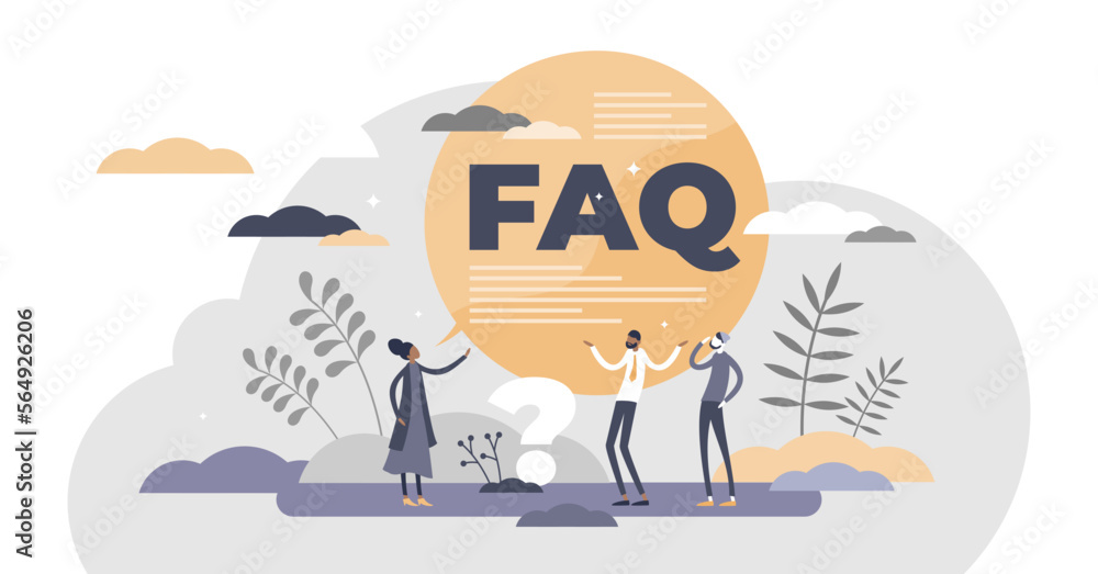 FAQ support as frequently asked questions help in flat tiny persons concept illustration, transparent background. Customer solution answers from web assistance page with advice information. - obrazy, fototapety, plakaty 