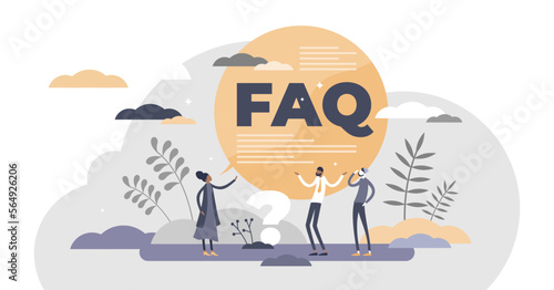 FAQ support as frequently asked questions help in flat tiny persons concept illustration, transparent background. Customer solution answers from web assistance page with advice information.
