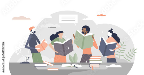 Friends reading books in library literature club meeting tiny person concept, transparent background.Common hobby community or educational entertainment illustration.