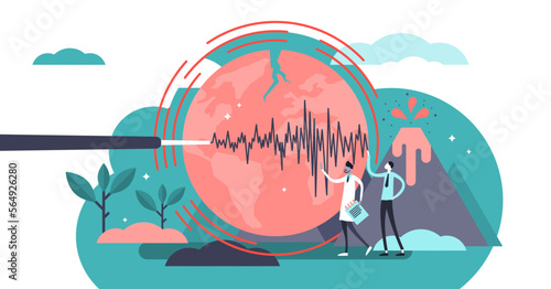Geology illustration, transparent background. Flat tiny volcano earthquake persons concept. Signal technology study to predict nature disasters. Scientists gathering instrument data.