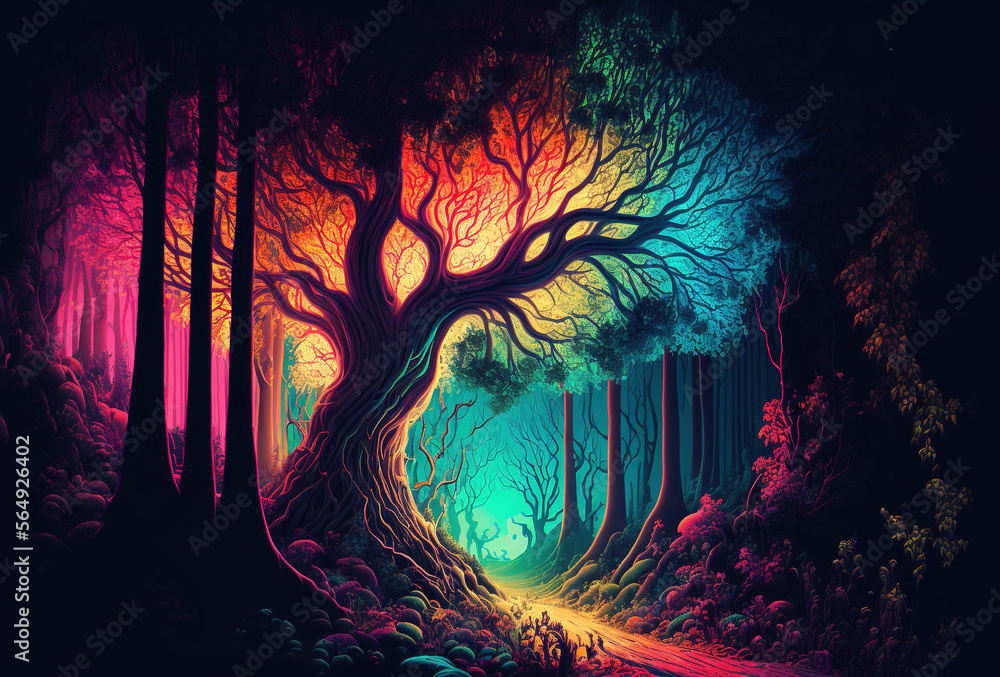 Fototapeta premium The dark trees are illuminated by multicolored psychedelic neon light. A fairytale forest, a surreal, mystical landscape. A mysterious path through the thicket. 3D rendering. AI generated.
