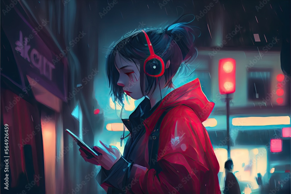 Obraz premium Young woman listening to music on her phone, fantasy, anime - generative ai