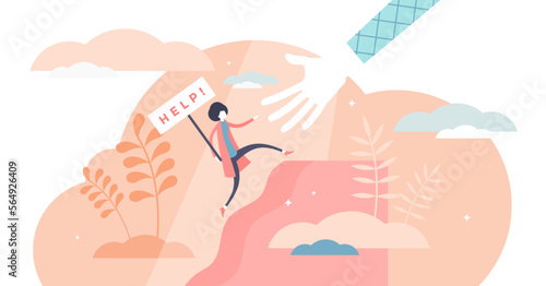 Female help illustration, transparent background.Woman safety care flat tiny persons concept.Symbolic sign with ask for support in problem frustration moment.