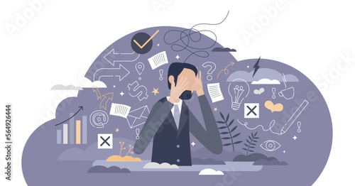 Information overload or job burnout with stress and chaos tiny person concept, transparent background.Busy businessman with panic about many duties and tasks illustration.
