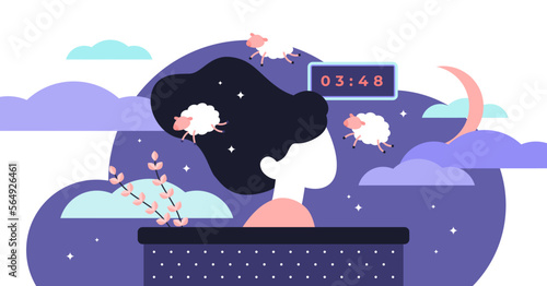 Insomnia illustration, transparent background. Flat tiny sleep time problems persons concept. Abstract sleeplessness disorder visualization. Psychological stress caused low energy, irritability.