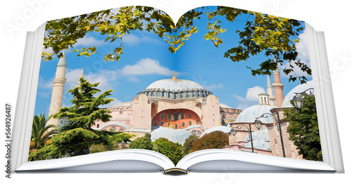 Beautiful view on the Hagia Sophia mosque in Istanbul, Sultanahmet, Turkey - Real opened book concept image isolated on white photo