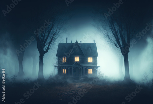 Scary old haunted house in the woods. Dwelling of a witch, a sorcerer. Mystical creepy night fog. 3D rendering. AI generated.