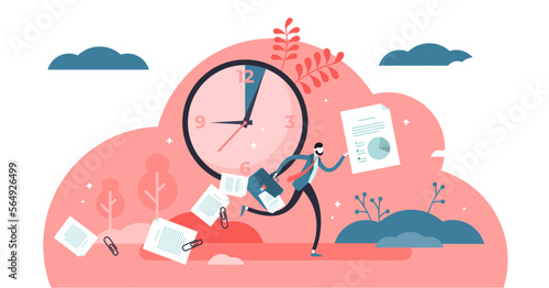 Late illustration, transparent background. Flat tiny tight schedule delay persons concept. Symbolic clock deadline and last minute rush. Busy and stress is new stupid lifestyle.