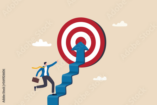 Reach target or progress to reach goal, career step to success, achievement or growth, challenge and motivation to succeed concept, businessman walking up stair with arrow as path to reach goal.