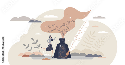 Poetry and literature story writing with ink and feather tiny person concept, transparent background. Author creative handwriting process scene as classic arts and culture illustration.