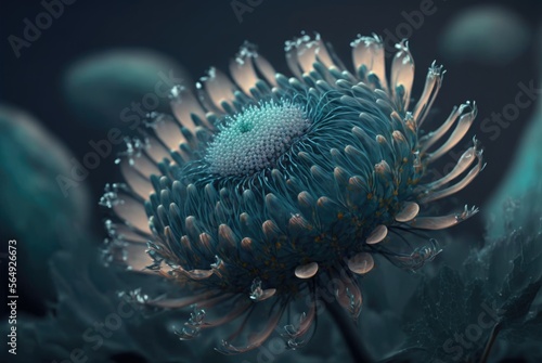 Enigmatic flower reminiscent of the Cape Proteaceae, pointy flame petals and glowing aura. Strikingly beautiful and colorful offworld alien world flora - generative AI illustration. 