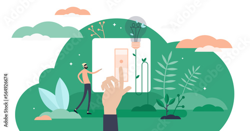 Power saving sustainable development green concept, flat tiny person abstract illustration with light bulb and hand on switch, transparent background.