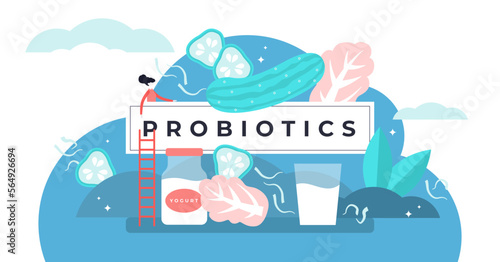 Probiotics illustration, transparent background. Flat tiny gut flora microorganisms persons concept. Healthy food and drink cultures diet with yogurt, fermented products and sauerkraut.