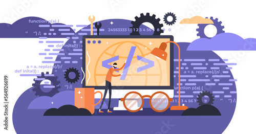 Programming illustration, transparent background.Flat tiny person concept with IT computer.Application, software or web page coding process.