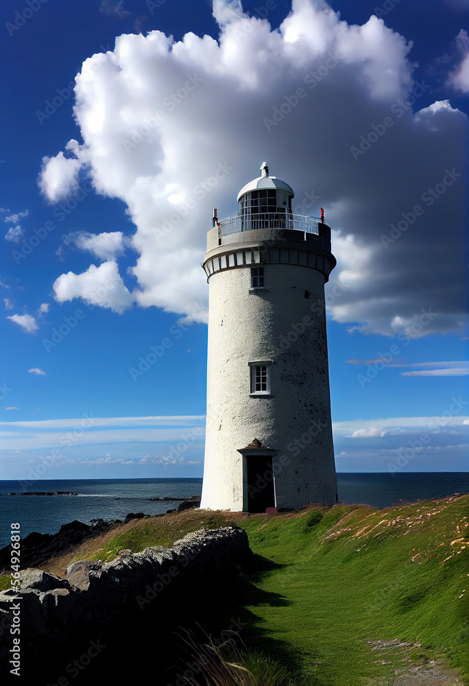 Lighthouse on the island under the blue sky and white clouds