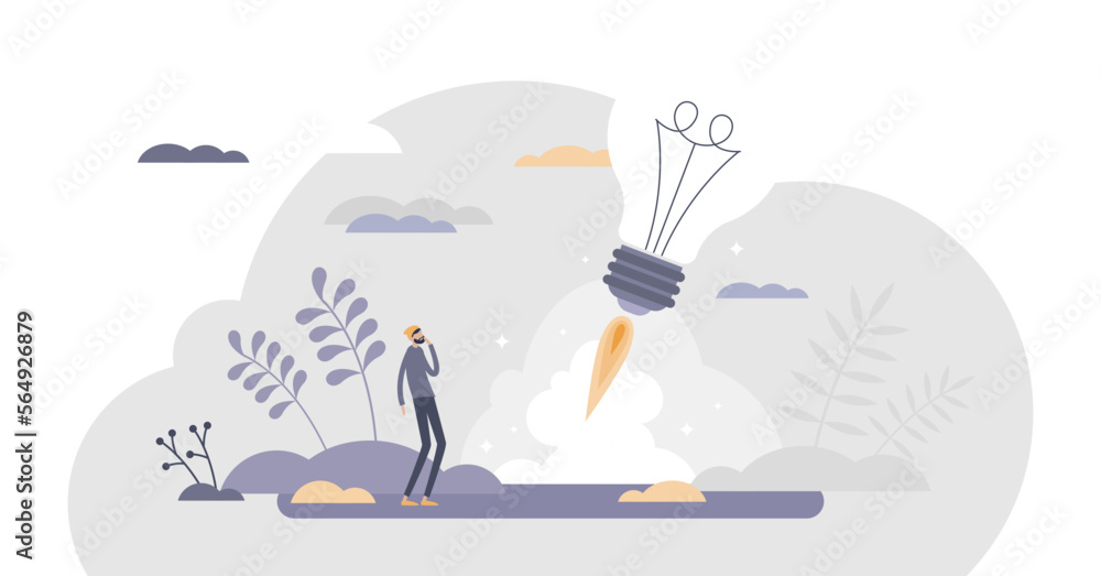 Startup innovation idea with creative project launch tiny persons concept, transparent background. Business vision as rocket start illustration. Work progress opportunity as abstract beginning.