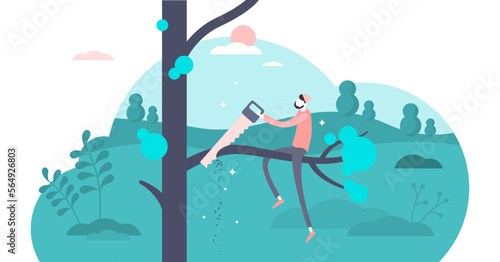 Self sabotage and self defeating mind state concept, transparent background.Flat tiny person illustration.Do not cut the branch you are sitting on.Wrong mental action and problem solving.Business. photo