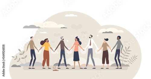 Solidarity and unity in different social ethnic groups tiny person concept, transparent background. Multiracial crowd standing and holding hands as bonding and equality symbol illustration.