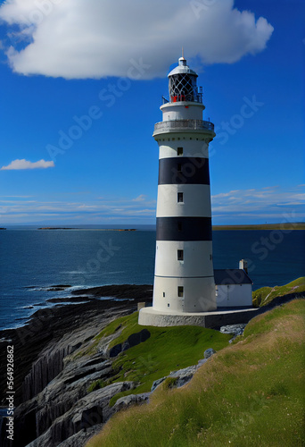Lighthouse on the island under the blue sky and white clouds