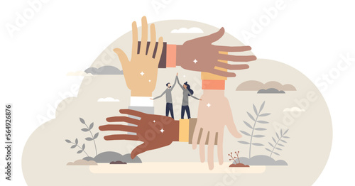 Solidarity and unity as connect multiracial people hands tiny person concept, transparent background. Teamwork and social connection or bonding as international collaboration and support illustration.