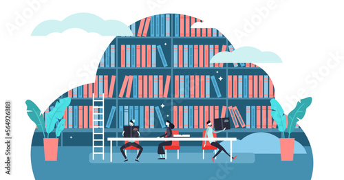 Study illustration, transparent background. Flat tiny book learning process persons concept. Scene with book store, library and students.