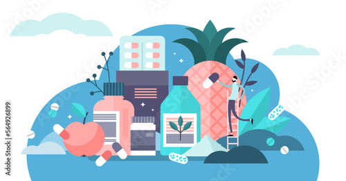 Supplements illustration, transparent background.Flat tiny food diet capsule persons concept.Fitness and bodybuilding prescription medicament as alternative to healthy eating.