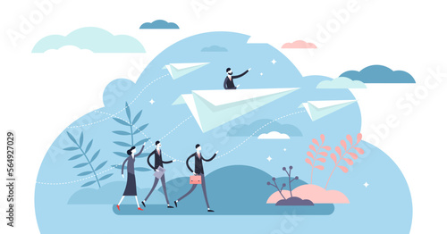 Business direction paper plane concept, flat tiny businessman persons illustration, transparent background. Corporate team vision and leadership by direction setting.