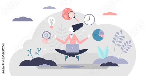 Business guru female with professional schedule management elements tiny persons concept, transparent background. Woman as company leader and mentor with calm and precise work illustration.