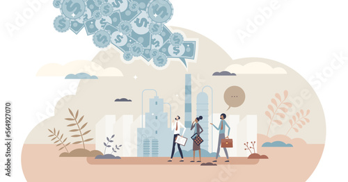Carbon tax and CO2 emissions environmental price charge tiny person concept, transparent background. Government payment for burning fossil fuels and make dioxide air pollution illustration.