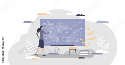 Chalkboard or blackboard with teacher writing scribble as explanation notes tiny person concept, transparent background. School lesson education and knowledge process with math, physics.