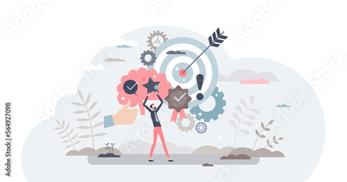Competence and skill experience for quality performance tiny person concept, transparent background. Employee knowledge and attitude as professional leader personality illustration.