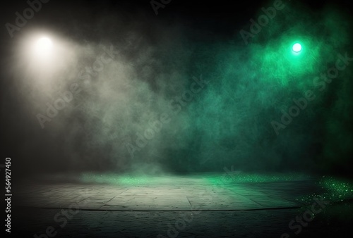 illustration of spotlights shine on stage floor in dark room, idea for background, backdrop, mock up Generative Ai 