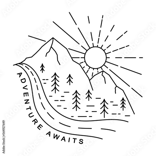 Mountain with road monoline or line art. Adventure awaits. Vector illustration