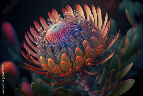 Enigmatic flower reminiscent of the Cape Proteaceae,  pointy flame petals and glowing aura. Strikingly beautiful and colorful offworld alien world flora - generative AI illustration.  © SoulMyst