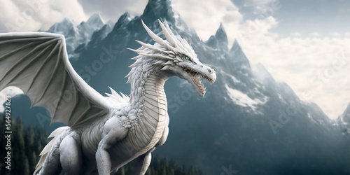 a white dragon full body  in the background a blurred beautiful landscape scene. made with generative AI