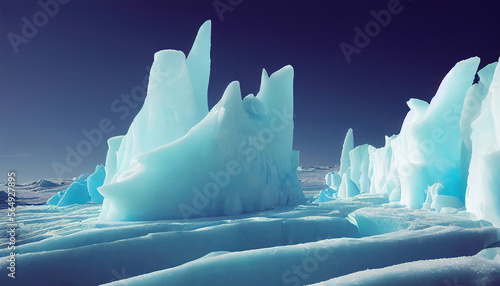 A beautiful panorama of Antarctica, with a snowy landscape, towering peaks, and floating ice, a frozen wilderness as far as the eye can see.